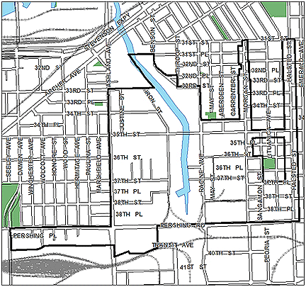 35th/Halsted TIF district, roughly bounded on the north by 31st Street, 40th Street on the south, Halsted Street on the east, and Seeley Avenue on the west.